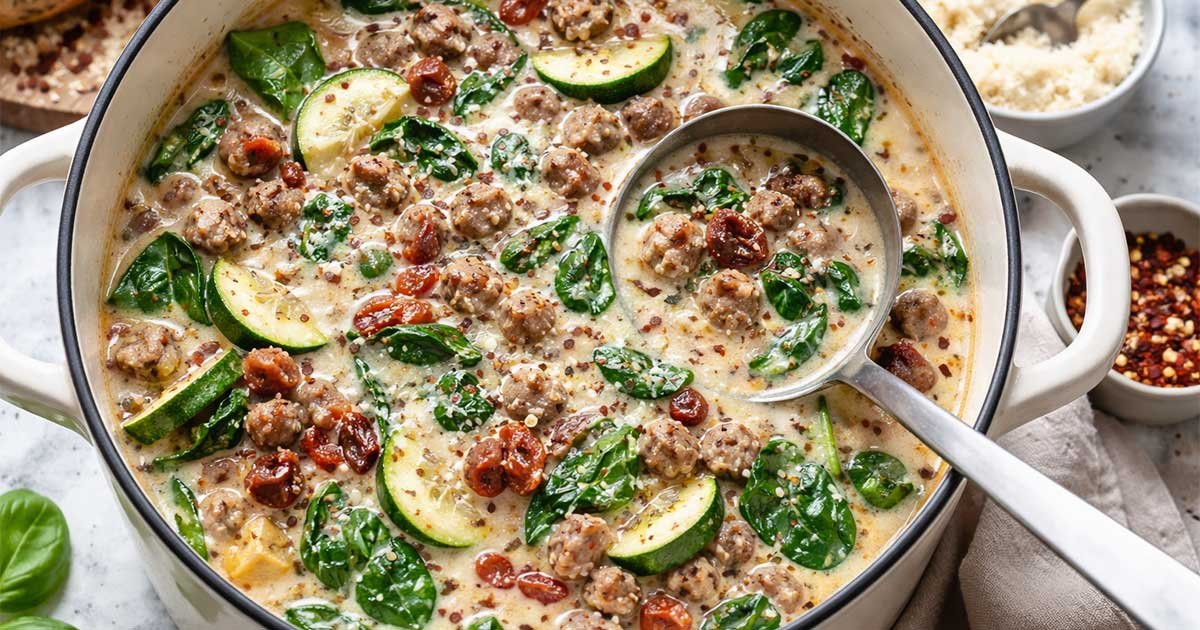 Creamy keto Italian sausage soup with spinach, zucchini, and sausage served in a pot with a ladle.