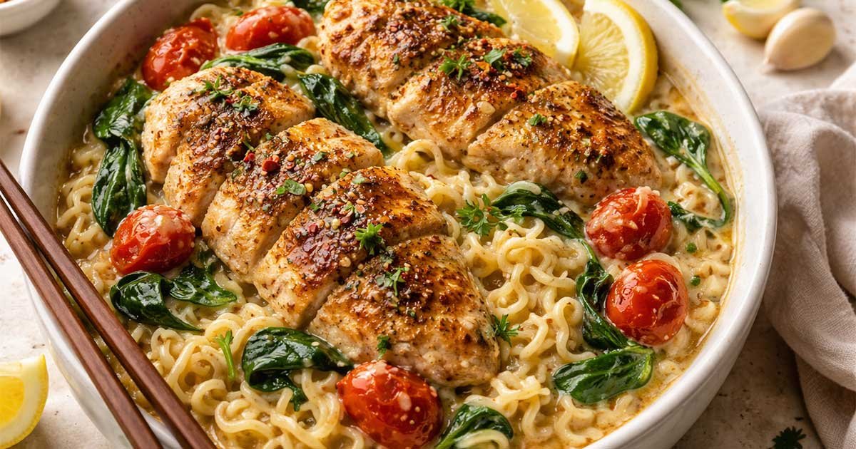 Creamy chicken ramen bowl with sliced seasoned chicken, noodles, spinach, and cherry tomatoes.