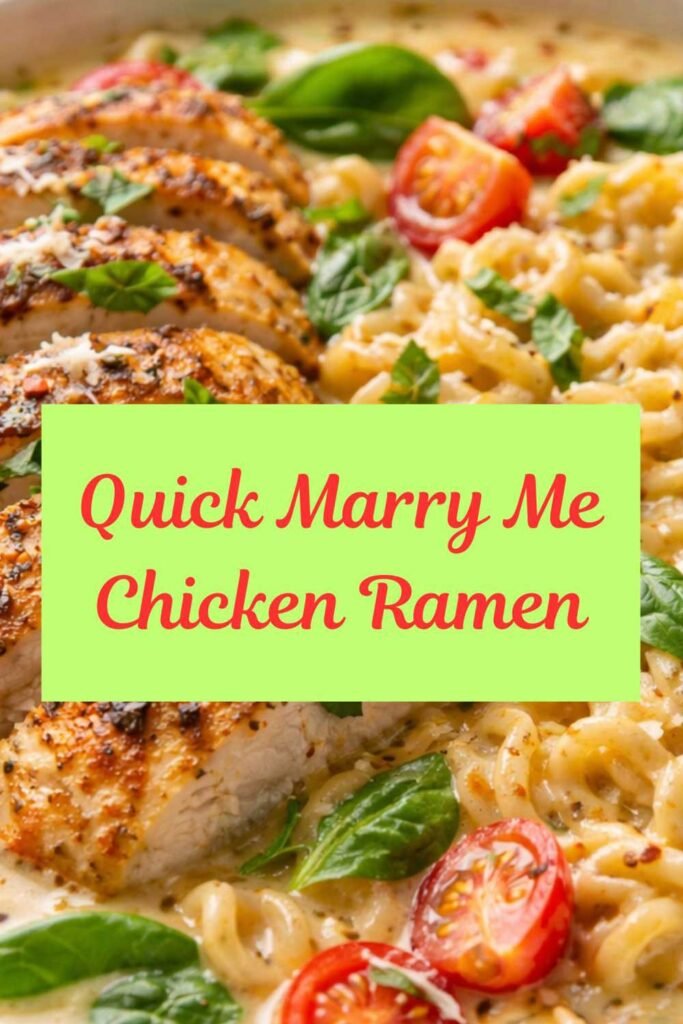 Creamy chicken ramen topped with sliced seasoned chicken breast, cherry tomatoes, fresh basil, and noodles in a rich sauce, shown with recipe title overlay.
