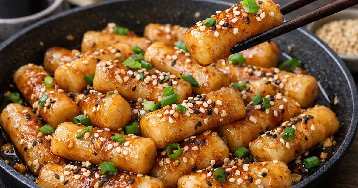 Soy butter Korean rice cakes cooked in a skillet with sesame seeds and green onions