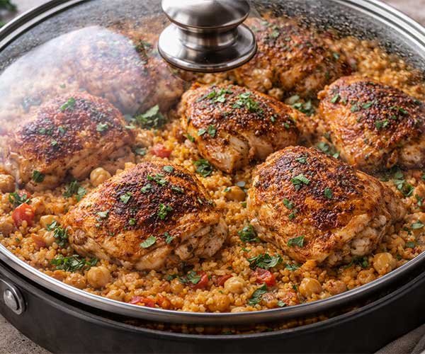 Chicken pieces returned to a pan of spiced rice, covered and simmering until fully cooked.