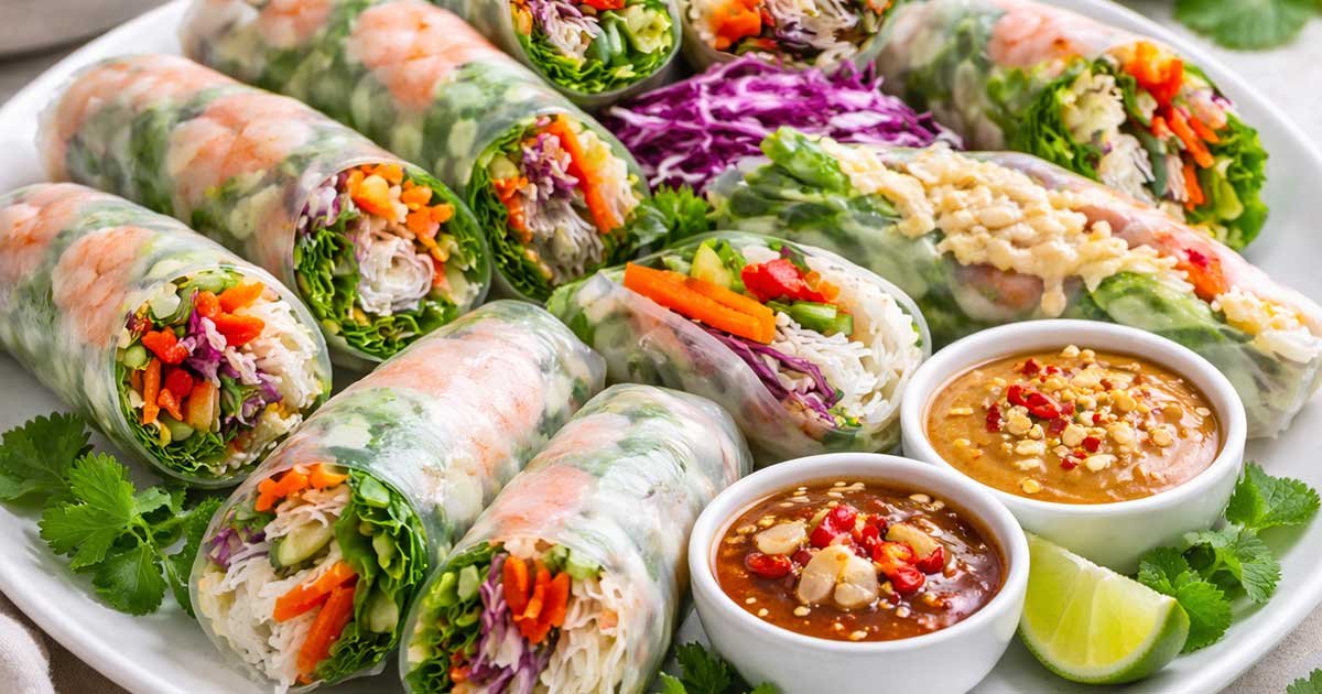 Rice paper spring rolls with shrimp, fresh vegetables, and noodles served with peanut and chili dipping sauces.