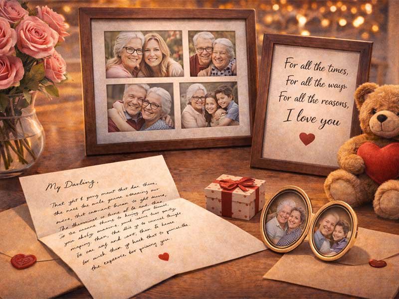Sentimental gift setup with a handwritten letter, family photo frames, roses, a teddy bear, and small keepsake gifts on a table.