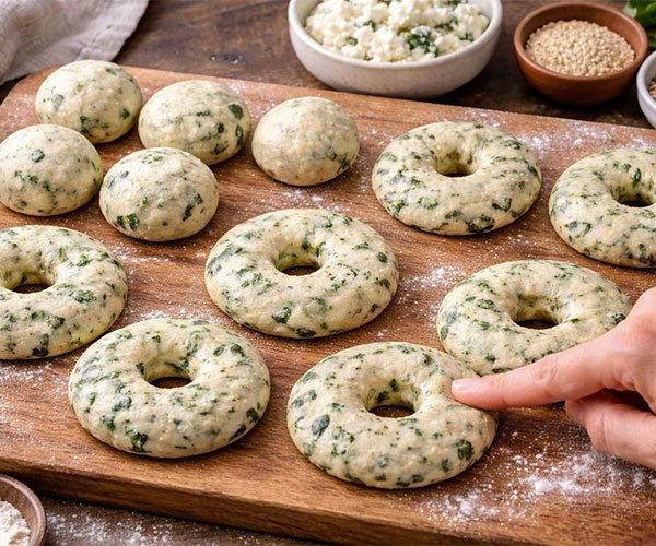 Spinach cottage cheese dough shaped into flat bagel-style rounds with holes in the center on a floured wooden board.