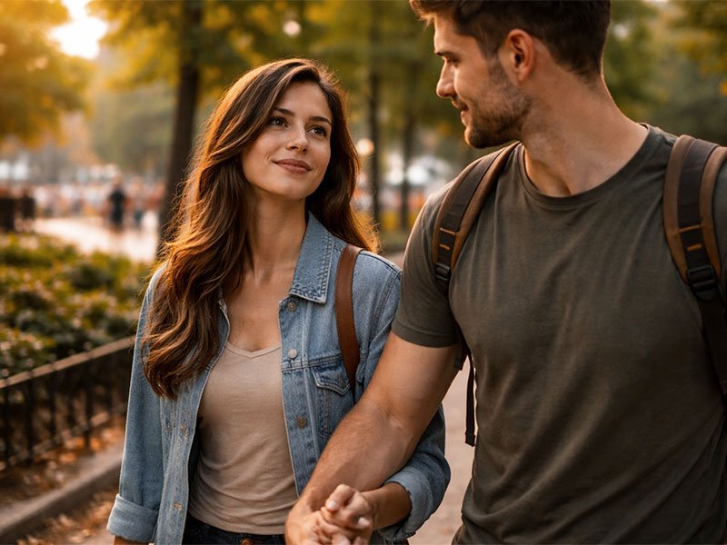 A couple holding hands and smiling while walking outdoors in a park.