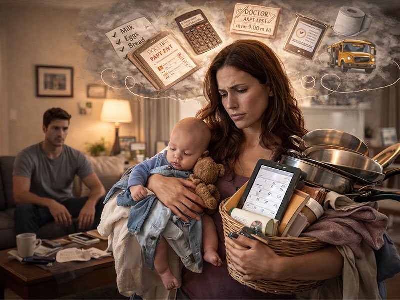Overwhelmed mom holding a baby and laundry basket while a dad sits in the background, with chores and reminders swirling above her head.