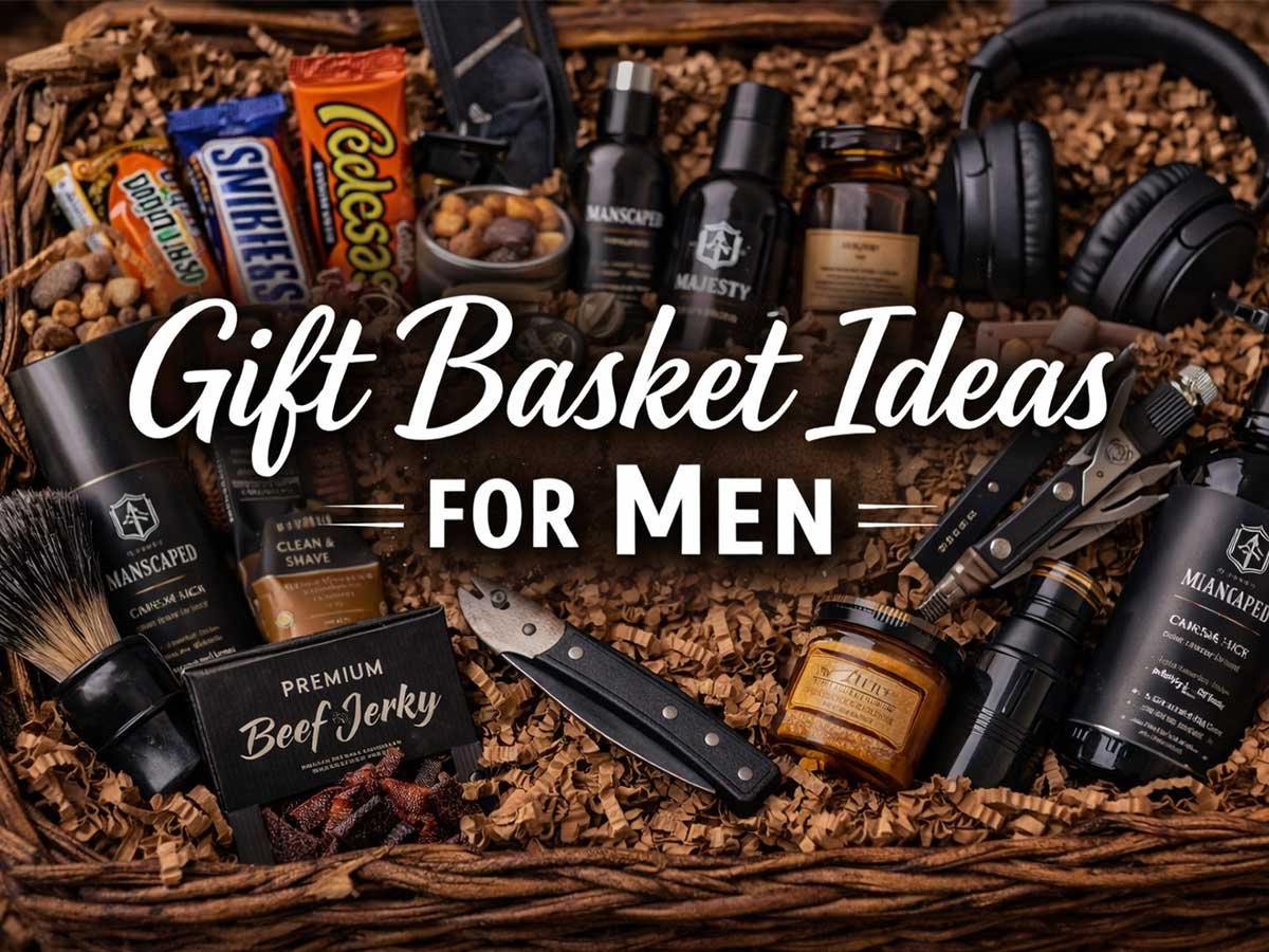 Gift basket filled with snacks, grooming products, and headphones, with text that says “Gift Basket Ideas for Men.”
