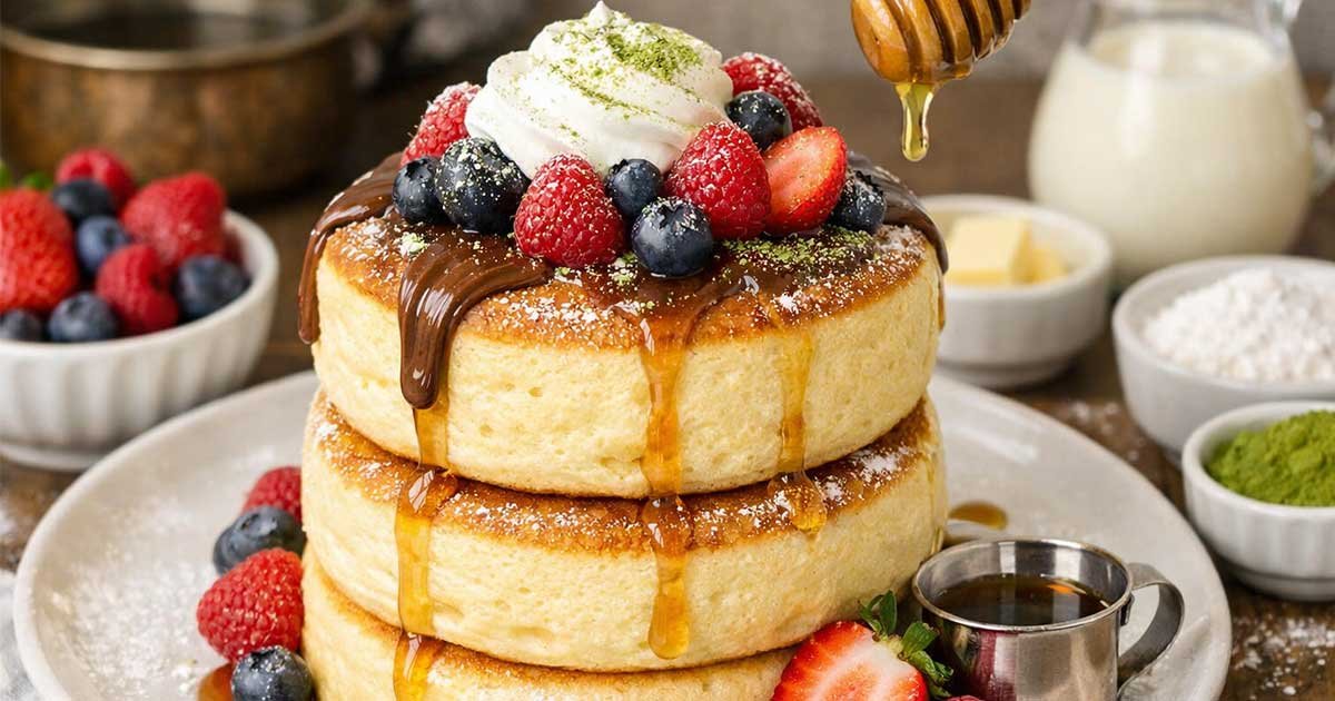 Japanese soufflé pancakes with whipped cream, berries, matcha dusting, and syrup drizzle