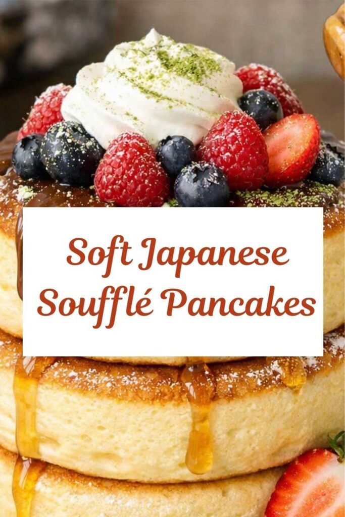Soft Japanese soufflé pancakes topped with whipped cream, fresh berries, syrup, and matcha powder