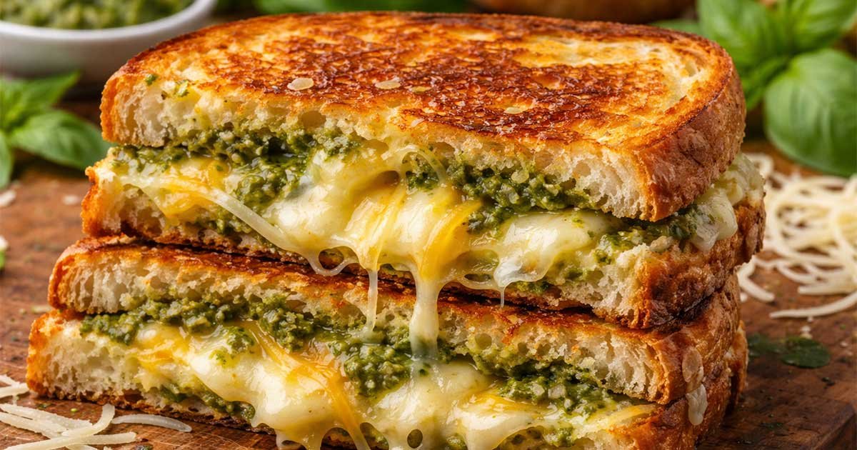 Golden sourdough pesto grilled cheese stacked on a wooden board with melted mozzarella, cheddar, and basil pesto