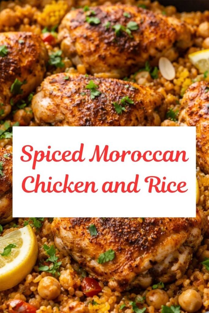 Spiced Moroccan chicken thighs served over seasoned rice with chickpeas, herbs, and lemon slices in a skillet.