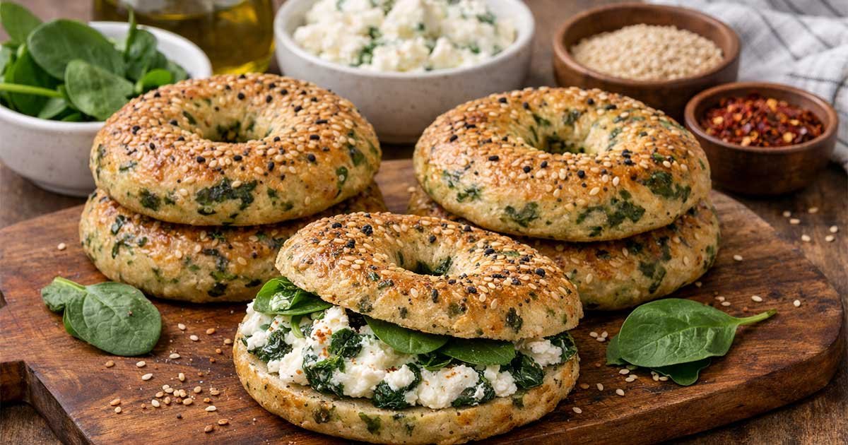 Fresh spinach cottage cheese flagels stacked on a wooden board, filled with creamy cottage cheese and leafy spinach.