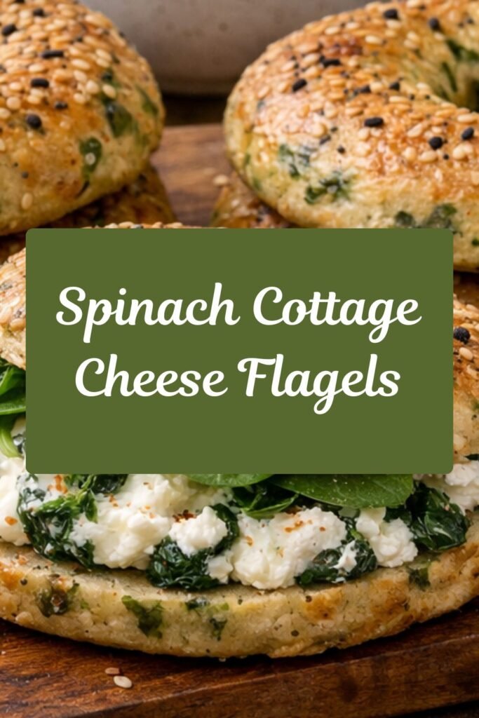 Spinach cottage cheese flagels filled with creamy cottage cheese and spinach, topped with sesame and seeds on a rustic board.