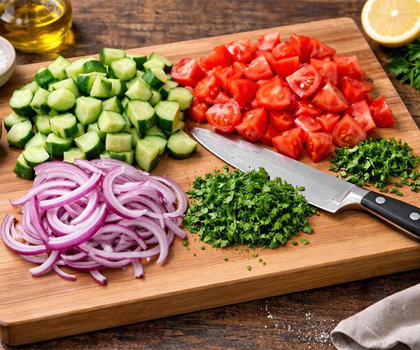 Chopped cucumbers, diced tomatoes, sliced red onion, and fresh herbs on a wooden cutting board with a knife, lemon, olive oil, salt, and pepper nearby.