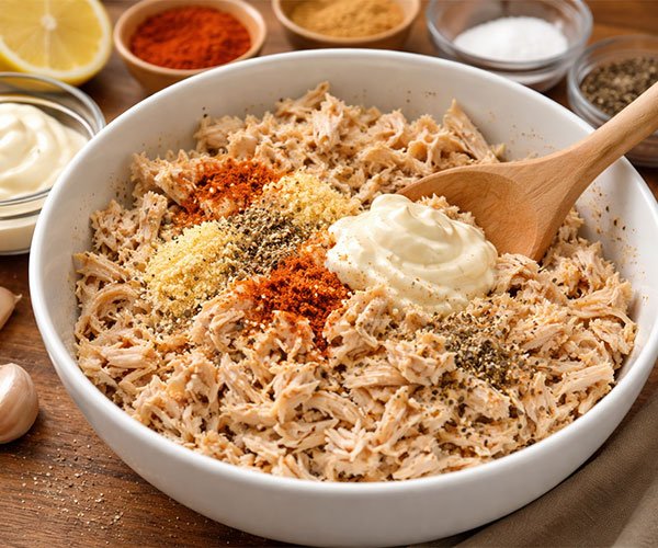 A white ceramic bowl filled with shredded cooked chicken topped with spices and a dollop of creamy mayonnaise, with a wooden spoon resting inside. Small bowls of seasonings, garlic cloves, and a lemon sit on a wooden countertop in warm natural light.