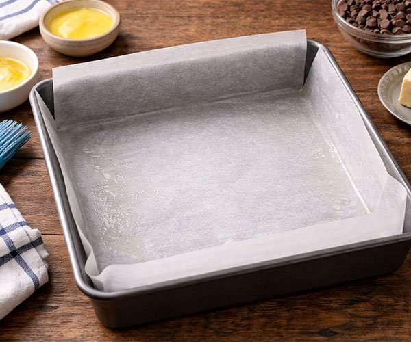 Square baking pan lined with parchment paper on a wooden counter.