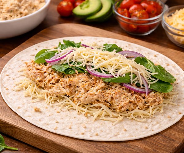 A flour tortilla laid flat on a wooden board, layered with shredded mozzarella, seasoned chicken, fresh spinach leaves, and thin slices of red onion, with bowls of extra cheese, tomatoes, and avocado in the background.