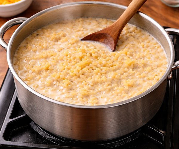Pot of macaroni simmering in milk on the stovetop, stirred with a wooden spoon.