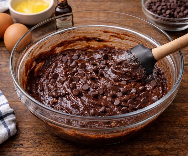 Chocolate brownie batter with chocolate chips mixed in a glass bowl with a spatula.