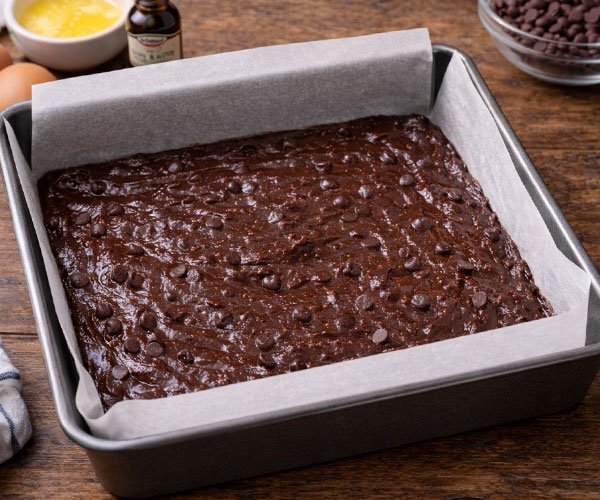 Brownie batter with chocolate chips spread in a parchment-lined square baking pan