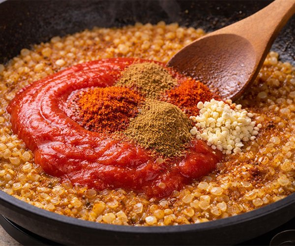 Tomato puree and spices added to sautéed onions in a skillet, ready to be mixed into a rich butter chicken sauce.