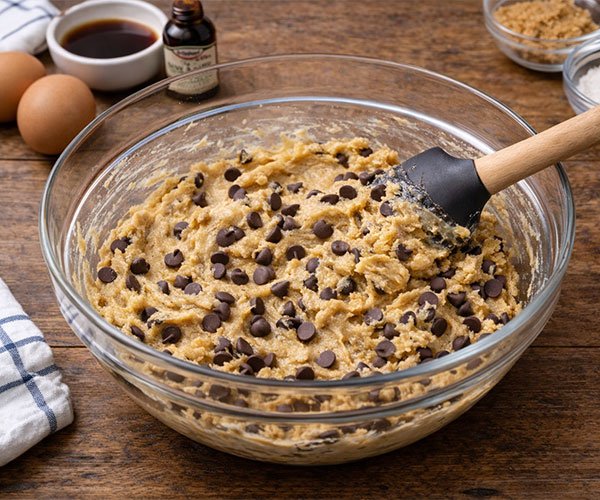 Chocolate chip cookie dough in a glass bowl with a spatula on a wooden counter