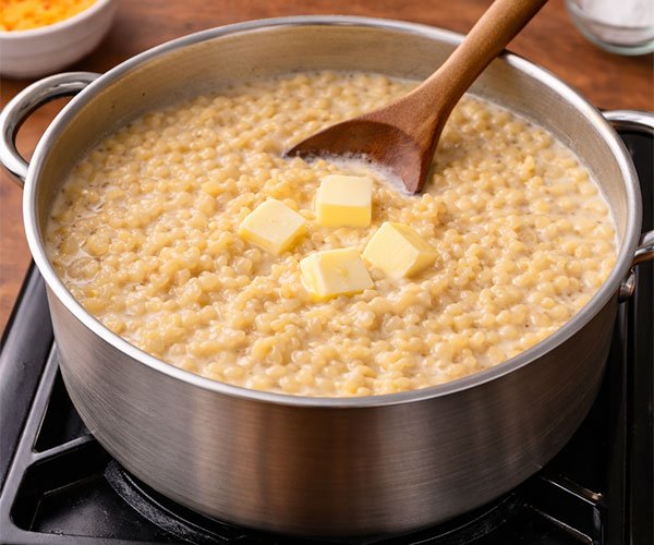 Butter melting into creamy macaroni in a pot as it’s stirred with a wooden spoon.