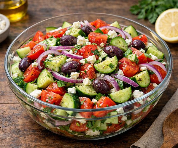 Mediterranean cucumber, tomato, and red onion salad in a clear glass bowl with feta, olives, and herbs on a wooden table.