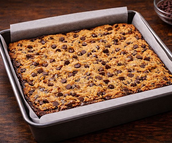 Baked brookies with a golden cookie top and chocolate chips in a parchment-lined square pan.