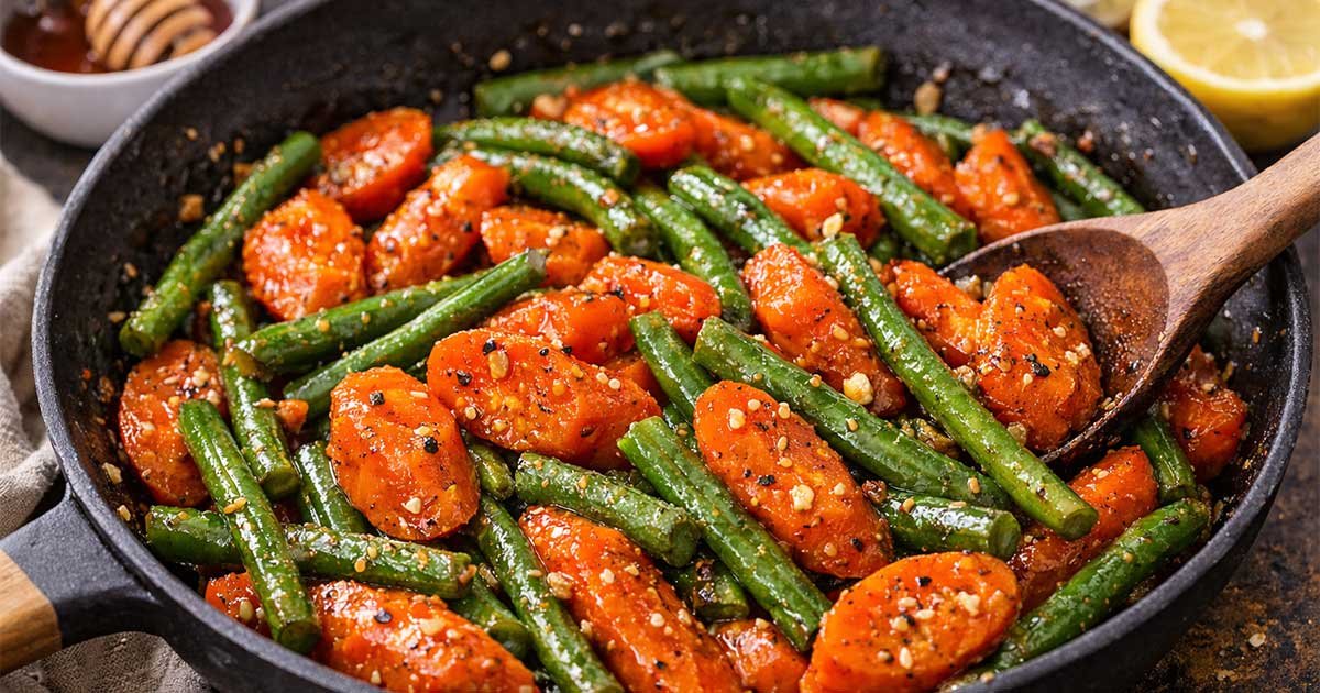 Sticky honey-glazed carrots and green beans in a black skillet with a wooden spoon, coated in a shiny garlic-butter glaze and sprinkled with seasoning.