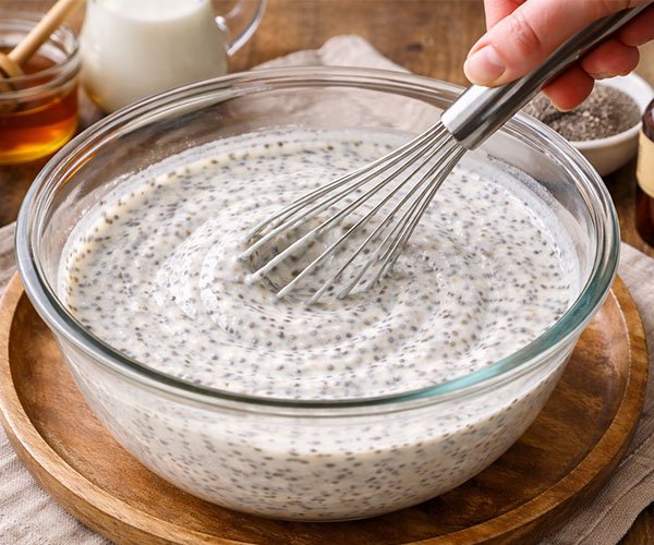Whisking Greek yogurt chia pudding base in a glass bowl with honey, milk, vanilla, and chia seeds nearby.