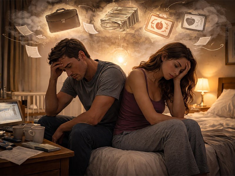 Stressed couple sitting back-to-back on a bed, surrounded by floating bills and money worries.