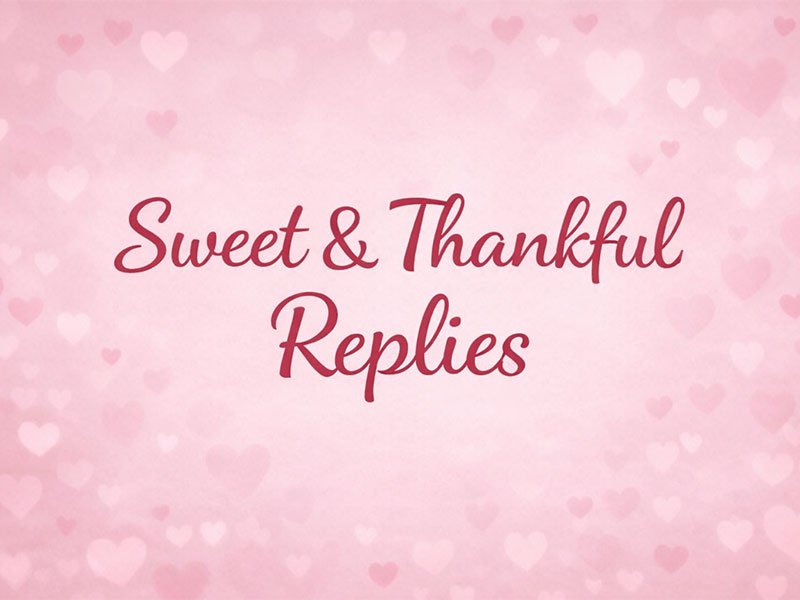 Pink background with soft heart patterns and text that says, “Sweet & Thankful Replies.”