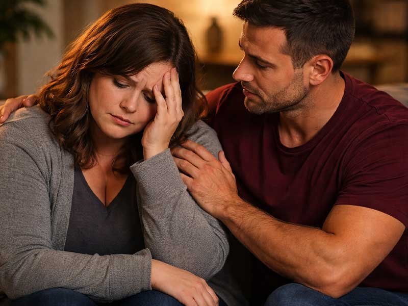 "Partner comforting a distressed woman, offering support and taking her pain seriously without questioning it."
