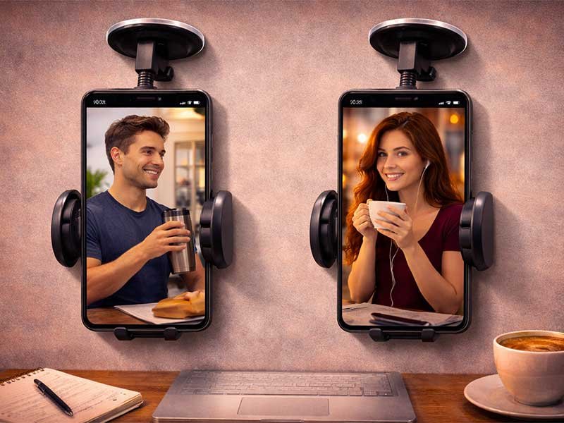 Two smartphones mounted on a wall showing a long-distance couple smiling and talking over a video call.