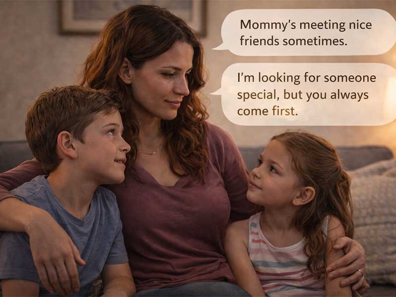 A mom sits on a couch with her son and daughter, smiling warmly as they look at each other. Two speech bubbles read: “Mommy’s meeting nice friends sometimes.” and “I’m looking for someone special, but you always come first.”
