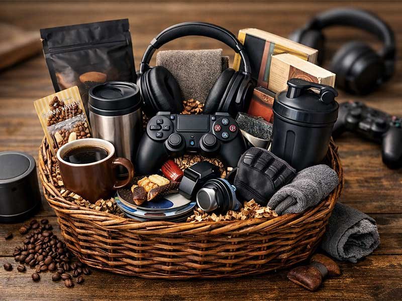 A cozy gift basket with coffee, headphones, a game controller, snacks, a mug, and self-care items on a wooden table.