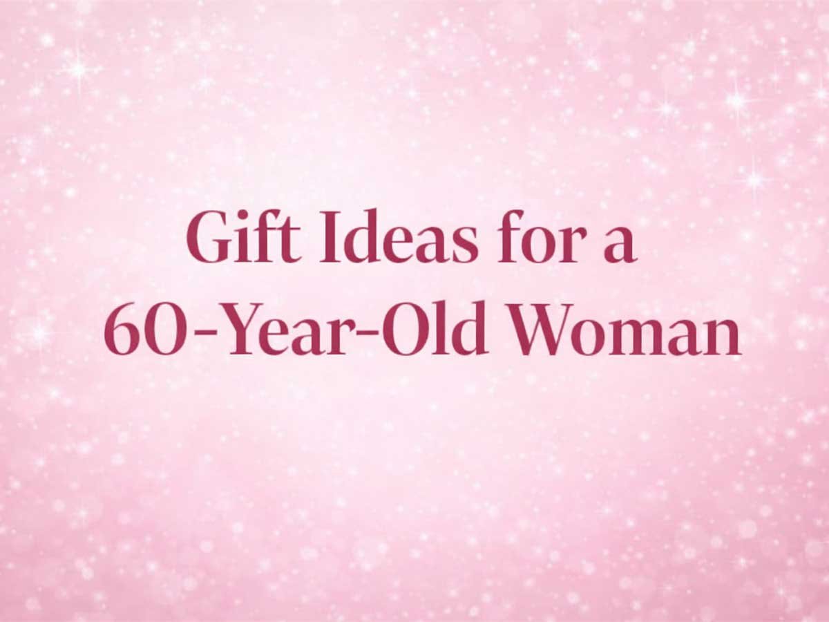 Sparkly pink background with text that says “Gift Ideas for a 60-Year-Old Woman.”