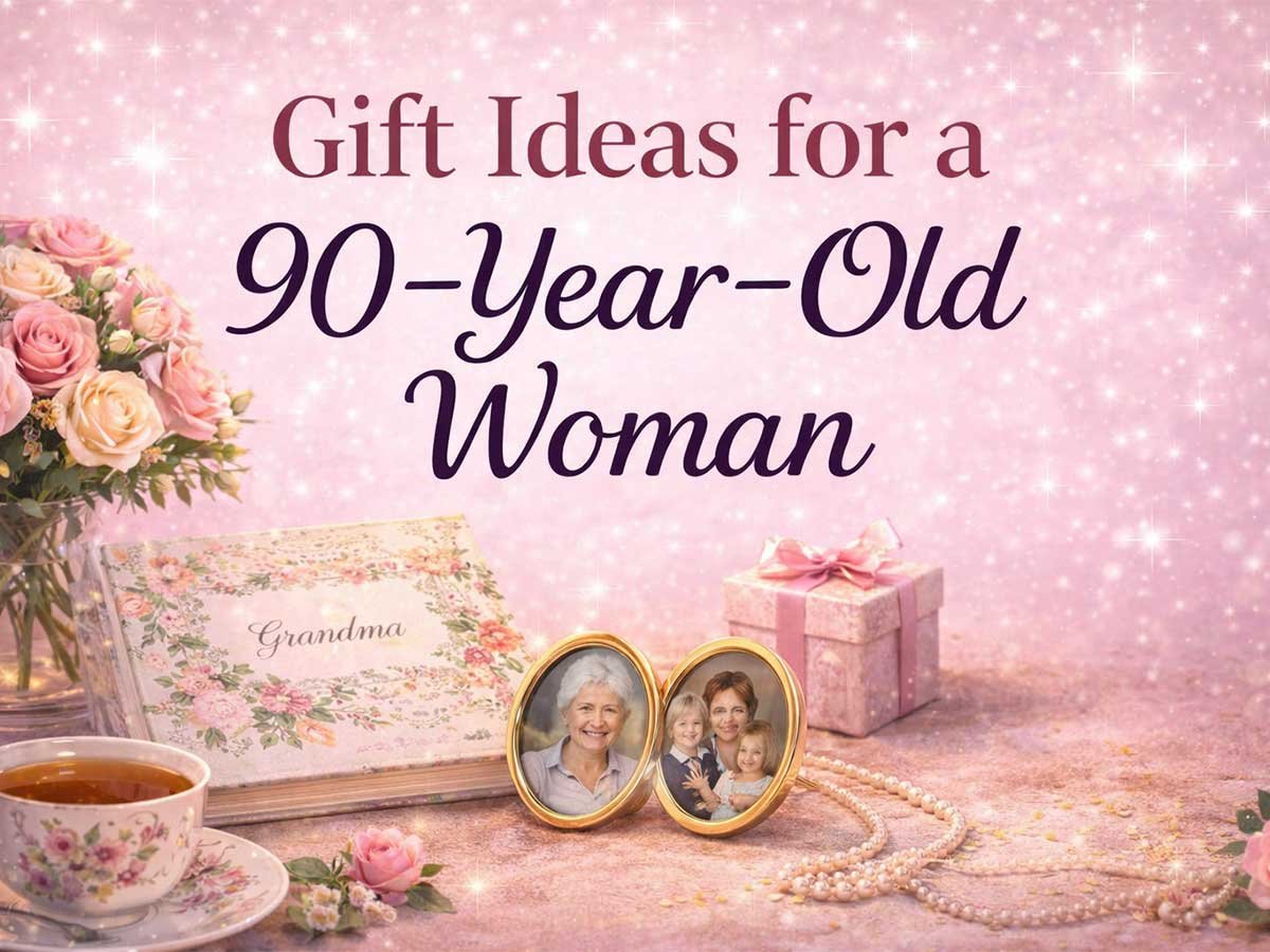 Pink sparkly graphic with flowers, tea cup, photo locket, gift box, and text “Gift Ideas for a 90-Year-Old Woman.”
