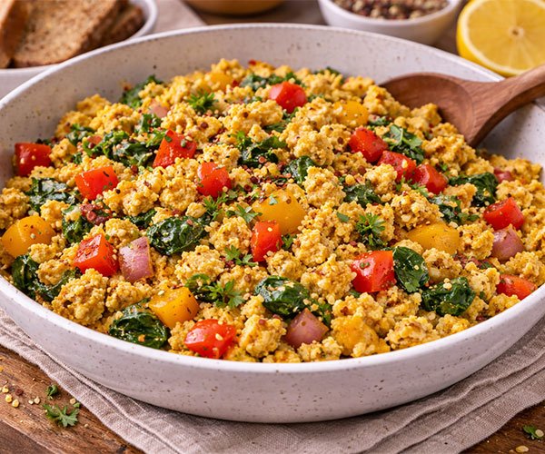 Tofu scramble with bell peppers, onions, and spinach served in a skillet.