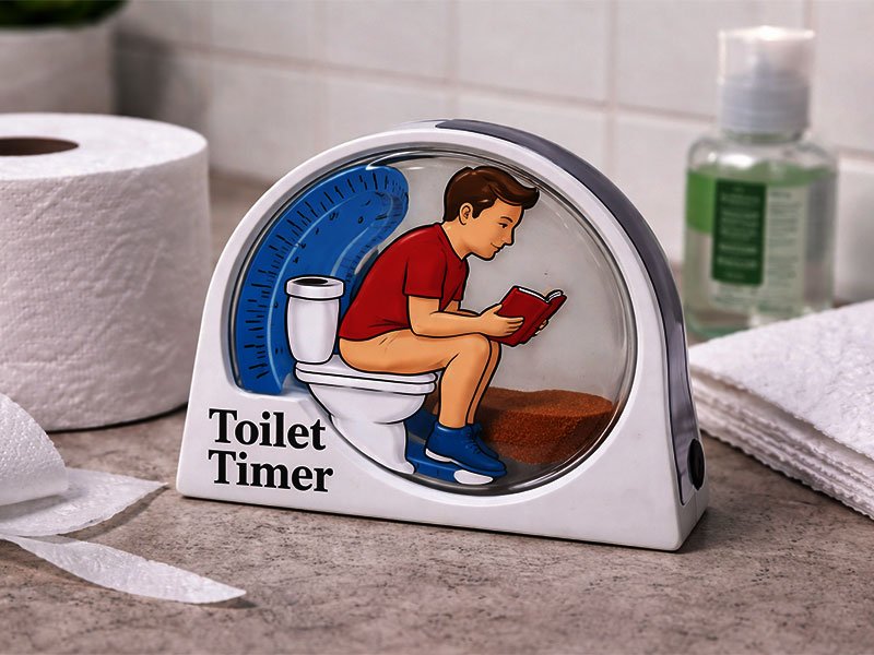 Toilet timer sand timer sitting on a bathroom counter next to toilet paper, towel, and hand sanitizer.