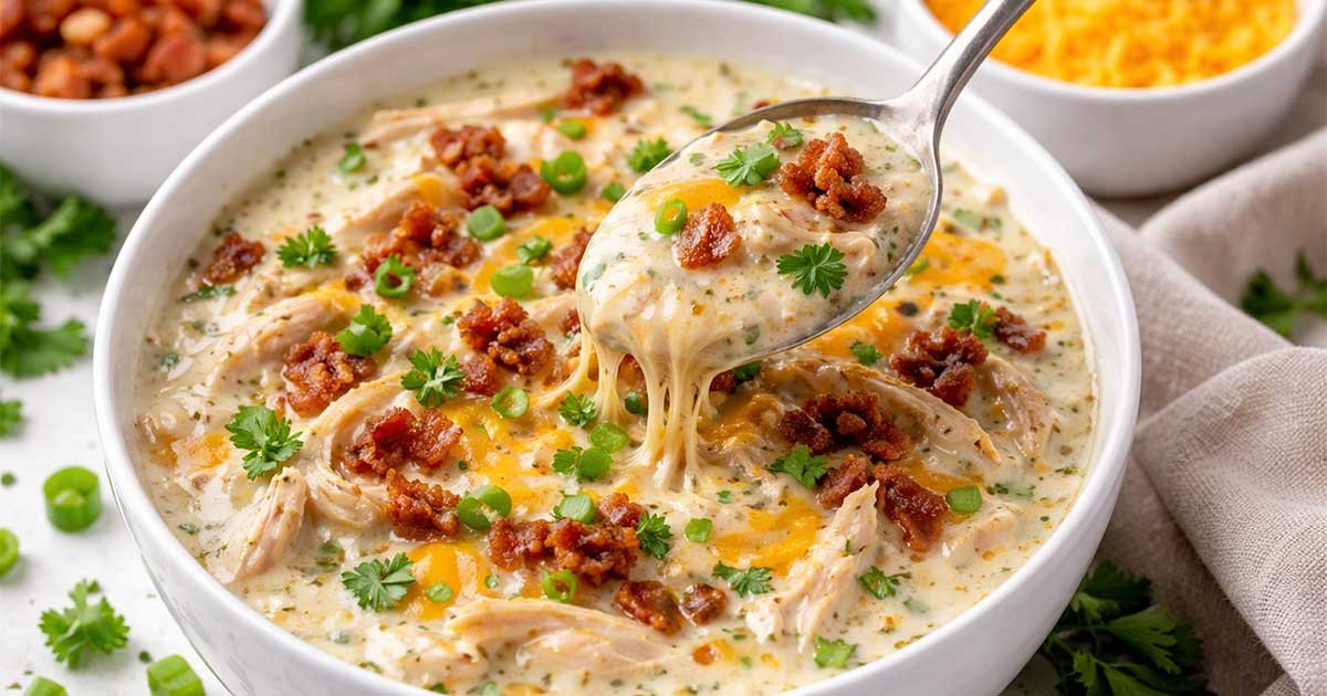 Ultimate keto crack chicken soup with shredded chicken, melted cheese, crispy bacon, and fresh herbs in a creamy broth.