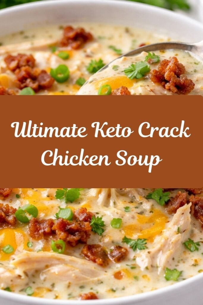 Creamy keto crack chicken soup topped with shredded chicken, melted cheese, crispy bacon, and fresh green onions in a white bowl.