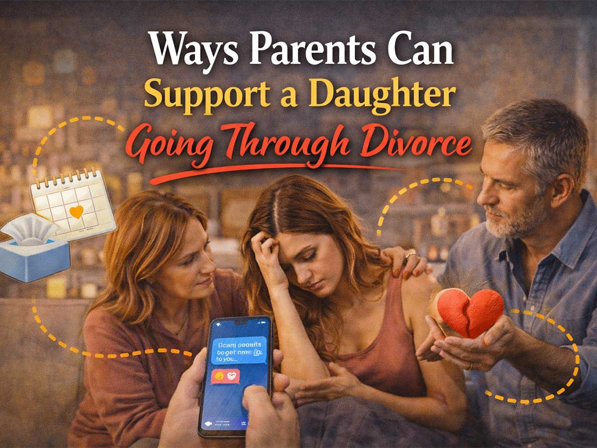 Banner graphic reading “Ways Parents Can Support a Daughter Going Through Divorce,” showing a sad young woman being comforted by her parents, with icons of a calendar, tissue box, phone message, and broken heart.