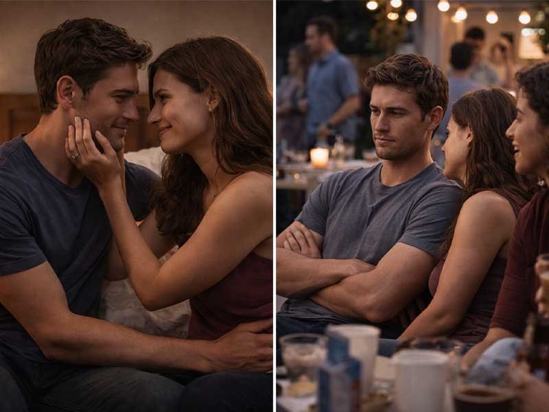 Split image showing a couple being affectionate in private on one side and the man looking distant while sitting with friends on the other.