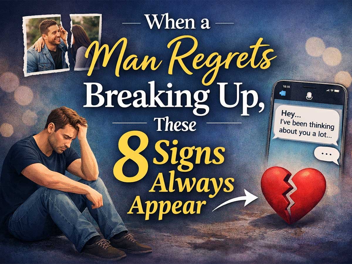 Sad man sitting alone after a breakup, broken heart symbol, and phone message showing regret and missing someone.