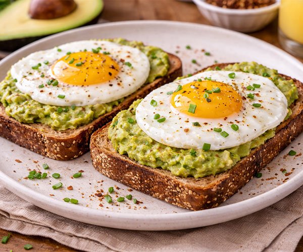 Whole grain toast topped with mashed avocado and sunny-side-up eggs, sprinkled with pepper and chopped herbs.