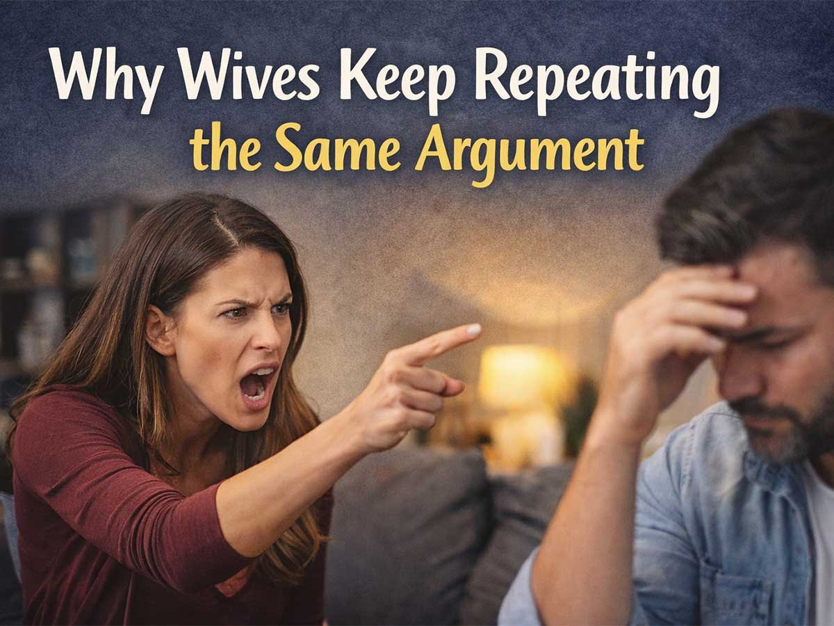 Woman angrily pointing and yelling while a man sits stressed with his head in his hand, with text “Why Wives Keep Repeating the Same Argument.”