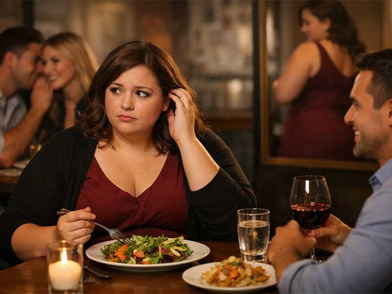 "Overweight woman feeling self-conscious while eating salad on a date, with a couple in the background enjoying their dinner."