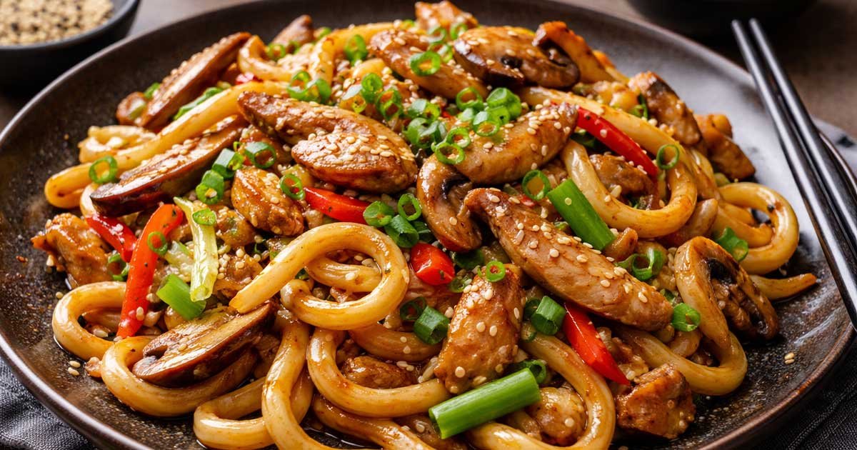 Plate of Yaki Udon noodles stir-fried with chicken, mushrooms, and vegetables, topped with sesame seeds and chopped green onions.